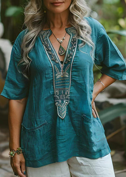 -blue-v-neck-print-pockets-plus-size-cotton-top-summer