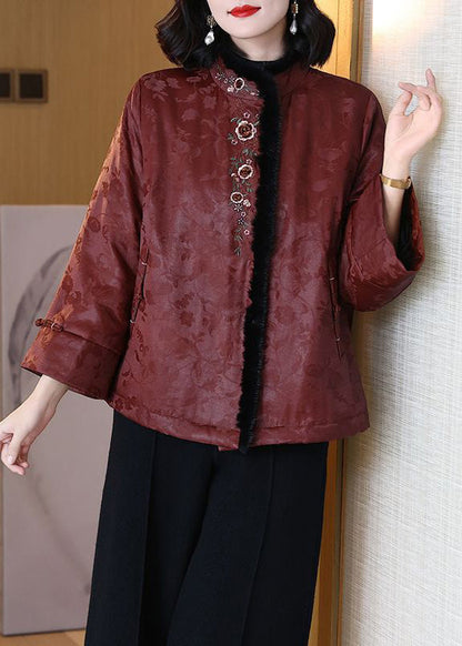 Rust Embroidered Mink Hair Patchwork Cotton Filled Coats Winter