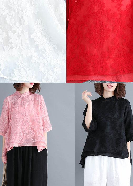 Red Lace Three Quarter Sleeve Oriental Loose Summer Top