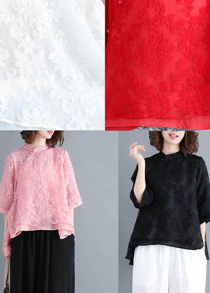 Red Lace Three Quarter Sleeve Oriental Loose Summer Top