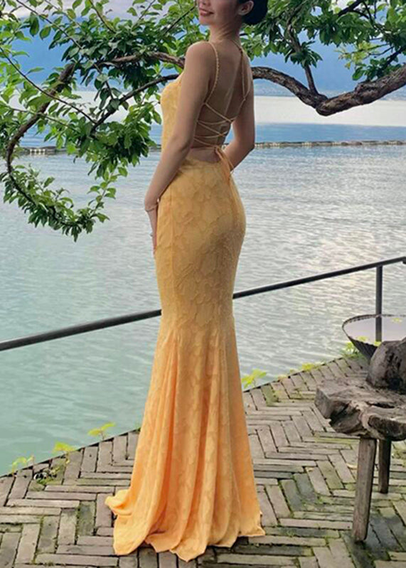 Yellow Backless Lace Maxi Spaghetti Strap Fishtail Dress Sleeveless