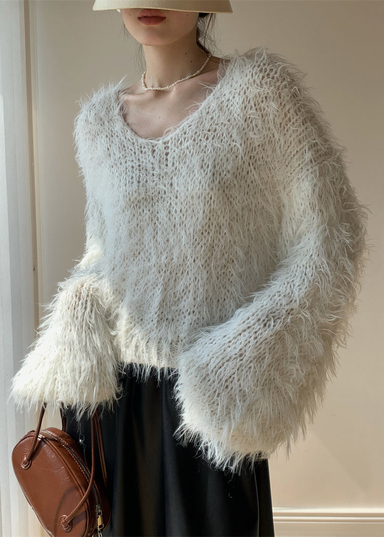 White Fluffy Hollow Out Knit Sweaters Winter