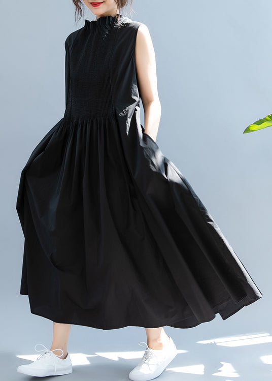 Boutique Black Ruffled Wrinkled Cotton Dresses Sleeveless