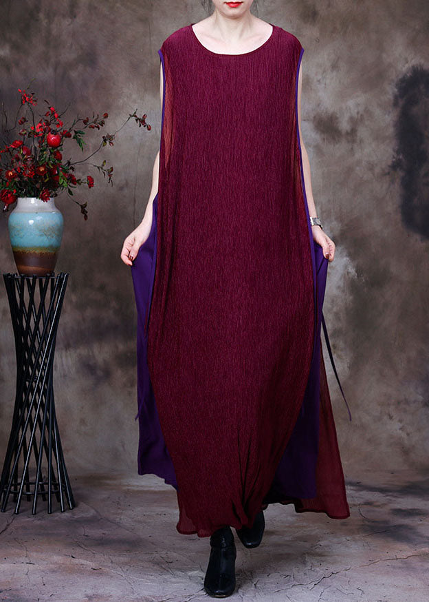 Purple Patchwork O-neck Silk Fake Two Piece Long Dresses Sleeveless