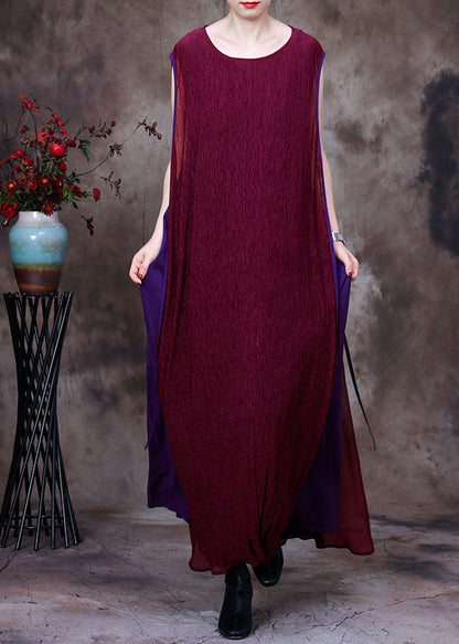Purple Patchwork O-neck Silk Fake Two Piece Long Dresses Sleeveless