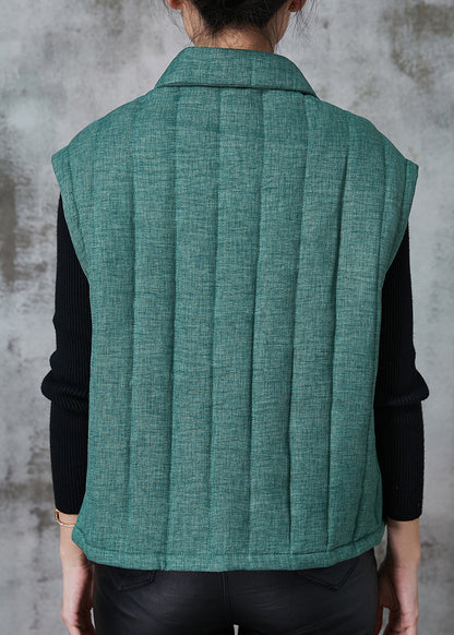 Green Thick Fine Cotton Filled Vest Peter Pan Collar Pockets Spring