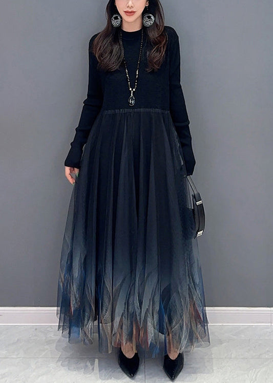 Black Knit Patchwork Tulle Dress Long Sleeve