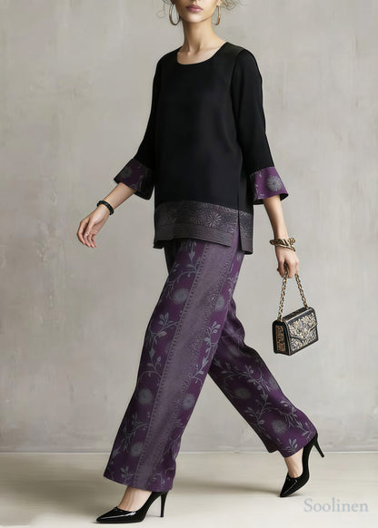 Boutique Purple Jacquard Patchwork Silk Two Pieces Set Summer