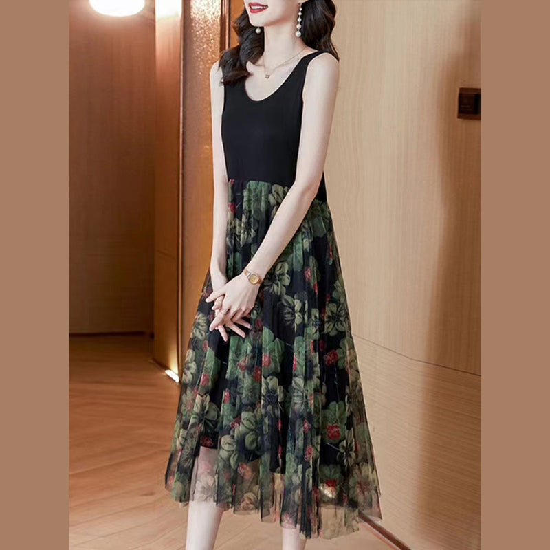 Black Print Patchwork Lace Summer Party Dress