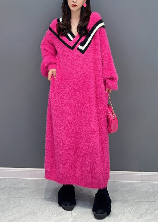 New Rose V Neck Patchwork Mink Velour Maxi Dresses Long Sleeve