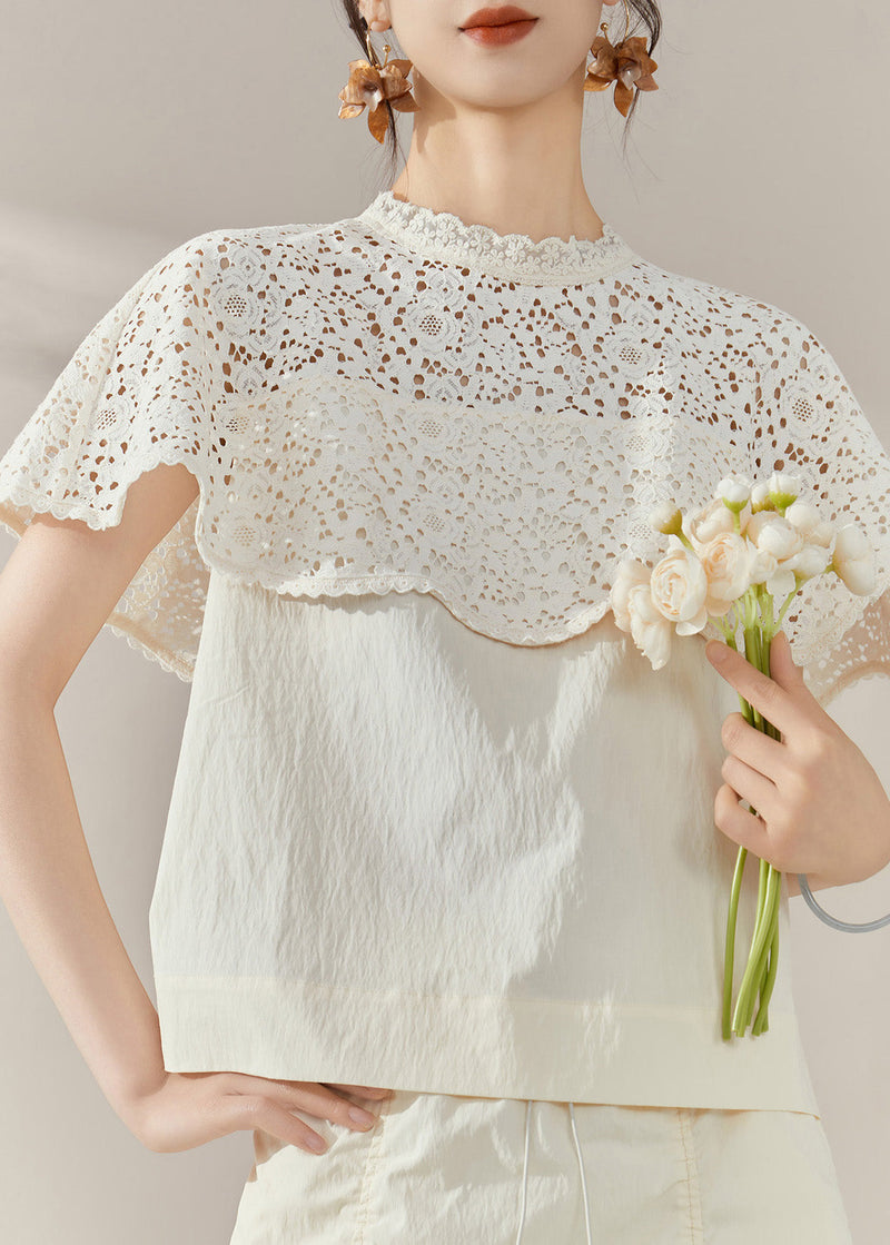 French White Lace Hollow Out Cotton Shirt Short Sleeve