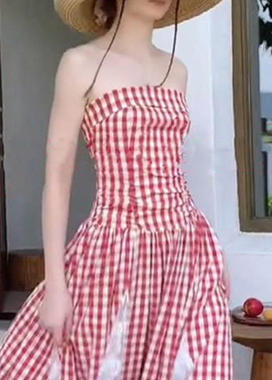 French Red Plaid Lace Patchwork Off the Shoulder Dress Summer