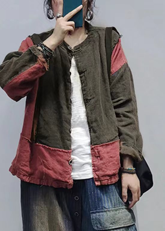 Reddish Black Retro Cotton Shirt Tops Stand Collar Long Sleeve Spring