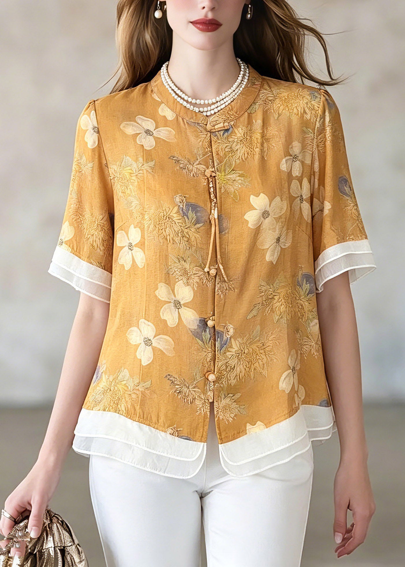 Yellow Print Shirts Short Sleeve Summer