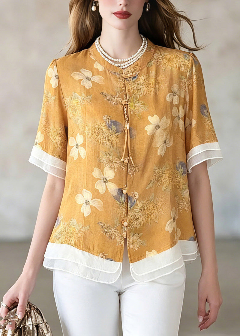 Yellow Print Shirts Short Sleeve Summer
