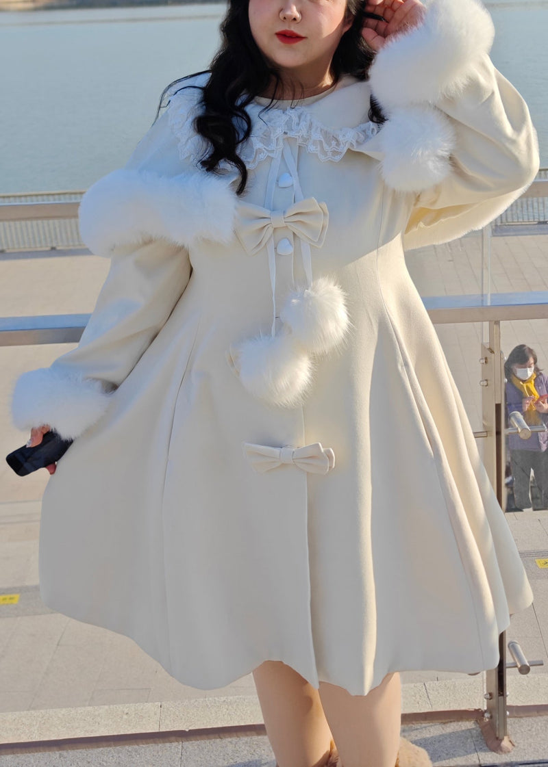 Boutique Beige Bow Cape and Long Coats Woolen Two Pieces Set Winter