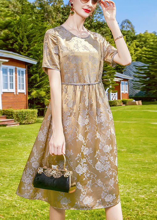 Grey Purple O-neck Jacquard Silk Fitted Dresses Short Sleeve
