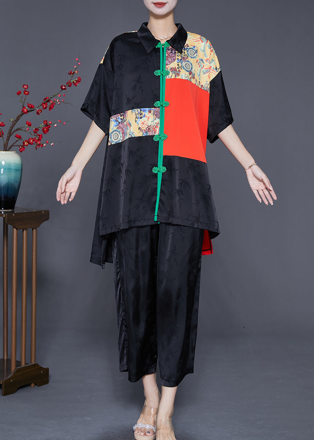 Black Print Patchwork Low High Design Silk Two Pieces Set Summer