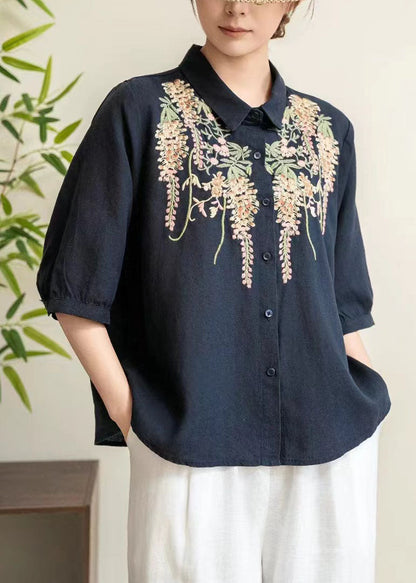 Yellow Peter Pan Collar Embroidered Linen Shirt Tops Summer