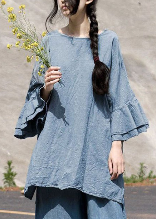 Coffee O Neck Linen Top Butterfly Sleeve