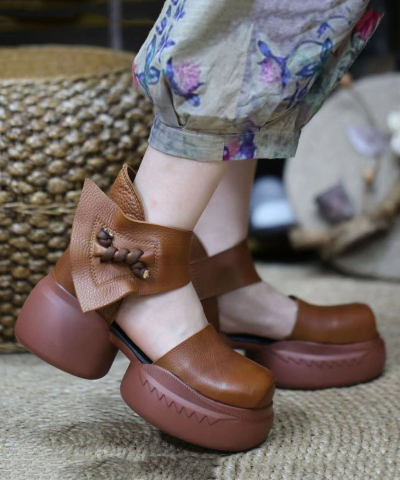 Splicing Platform Sandals Brown Cowhide Leather Buckle Strap