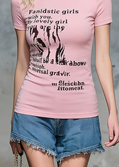 Handmade Pink O-neck Print Top Short Sleeve