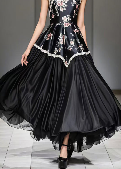 New Retro Black Print Patchwork Exra Large Hem Silk Oriental Dress Sleeveless