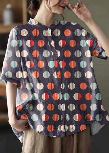Blue Polka Dots Print Cotton Shirts Low High Design Short Sleeve