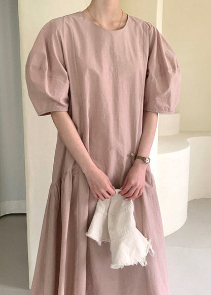 Pink Puff Sleeve Patchwork Cotton Vacation Dresses Spring