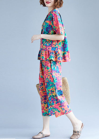 Red Patchwork Ruffles Cotton Two Piece Set Clothing Pockets Spring