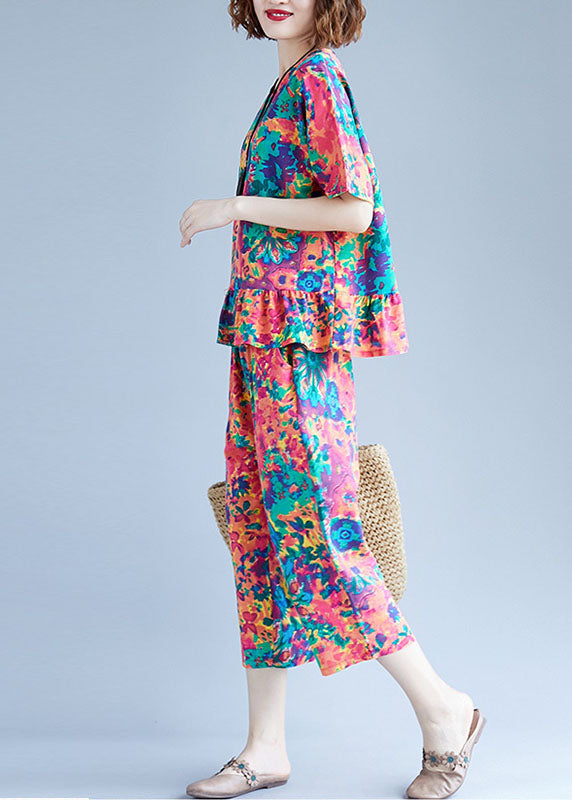 Red Patchwork Ruffles Cotton Two Piece Set Clothing Pockets Spring