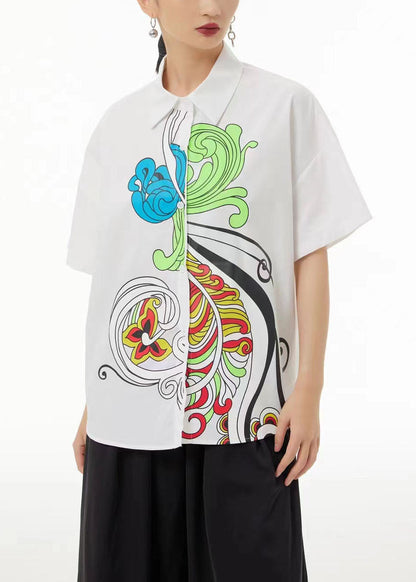 White Peter Pan Collar Print Cotton Blouses Summer