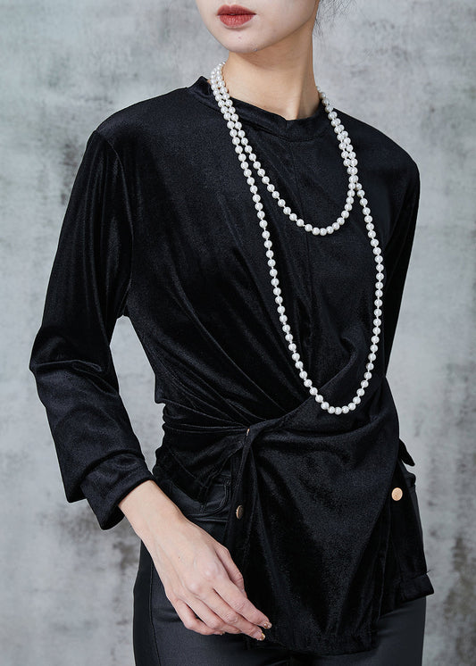 Black Asymmetrical Silm Fit Silk Velour Shirts Spring
