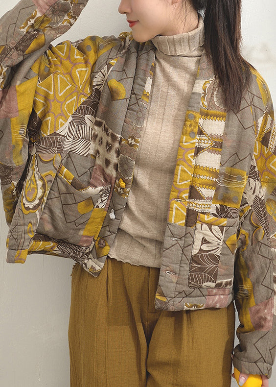 Yellow Print Pockets Patchwork Fine Cotton Filled Jackets Batwing Sleeve