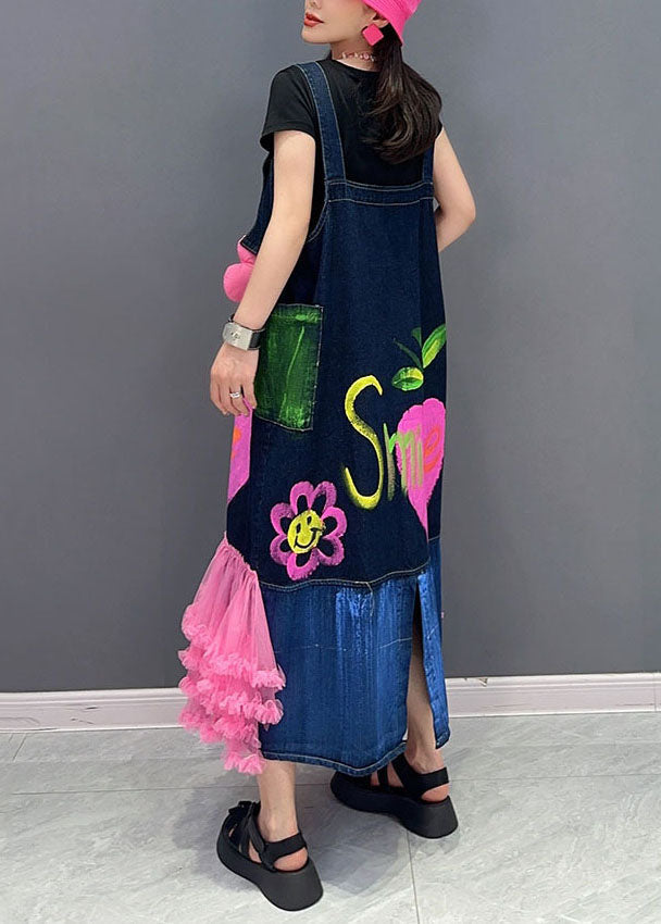 Modern Dark Blue Patchwork Pink Tulle Patchwork Maxi Dresses Sleeveless