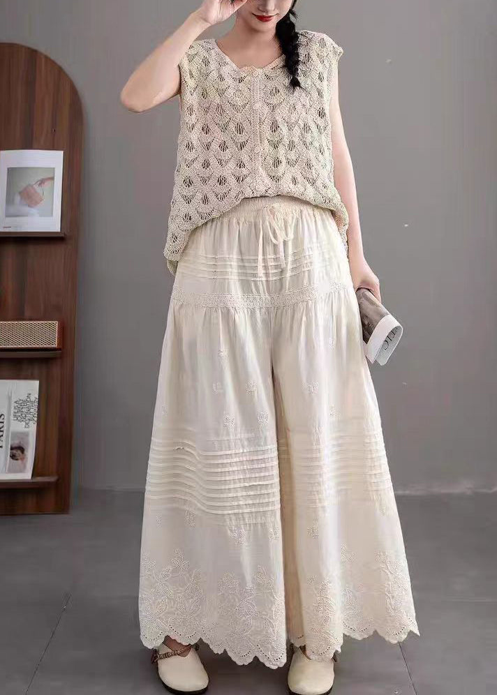 Beige Embroidered Wrinkled Cotton Pants Summer