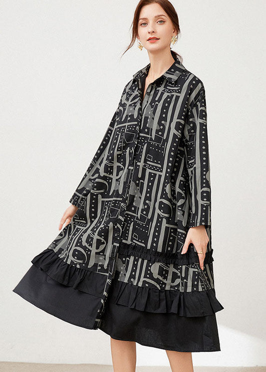 Black Peter Pan Collar Print Cotton Shirts Dresses Spring