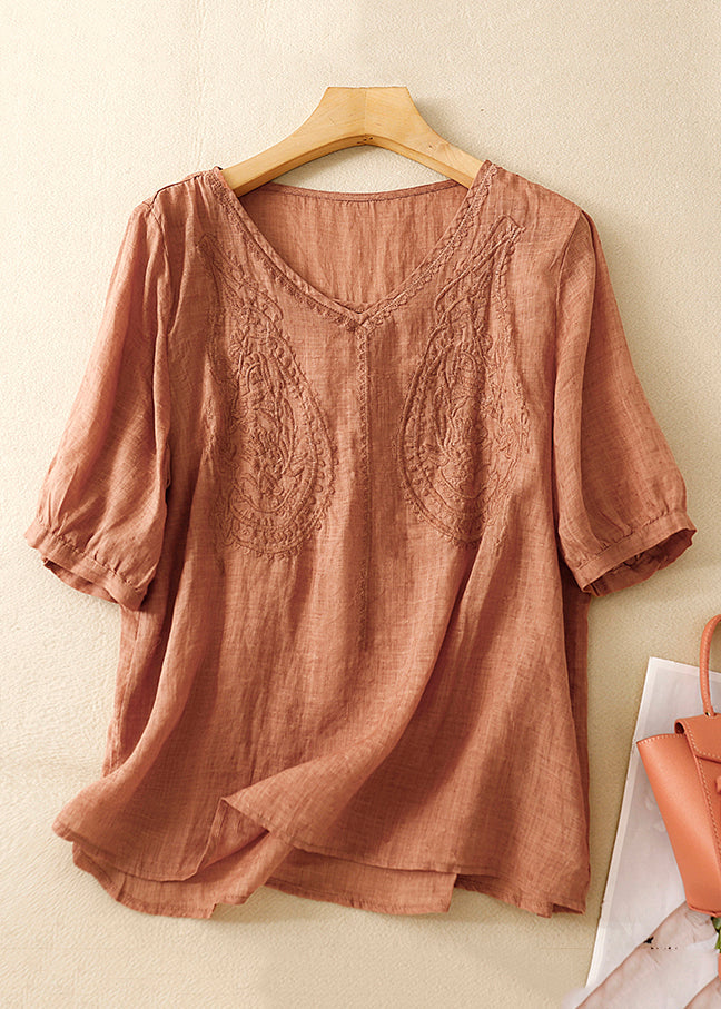 Purple V Neck Embroidered Linen T Shirt Summer