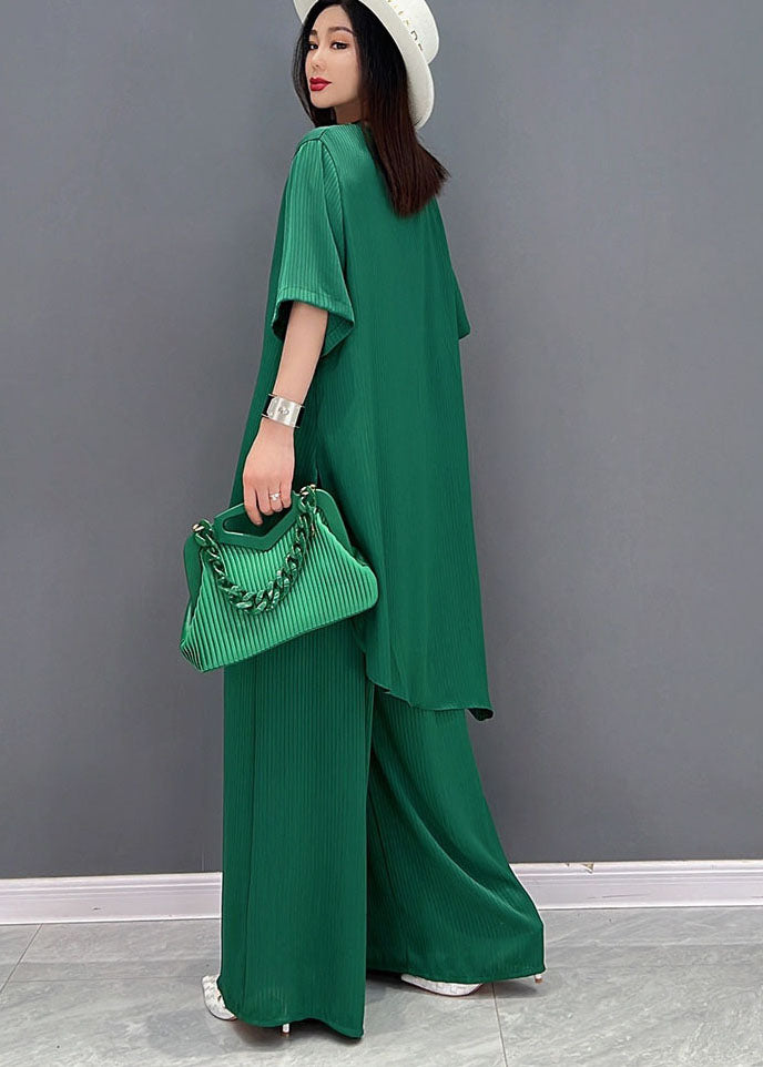 Green Patchwork Chiffon Tops and Wide Leg Pants Two Pieces Set V Neck Tie Waist Summer