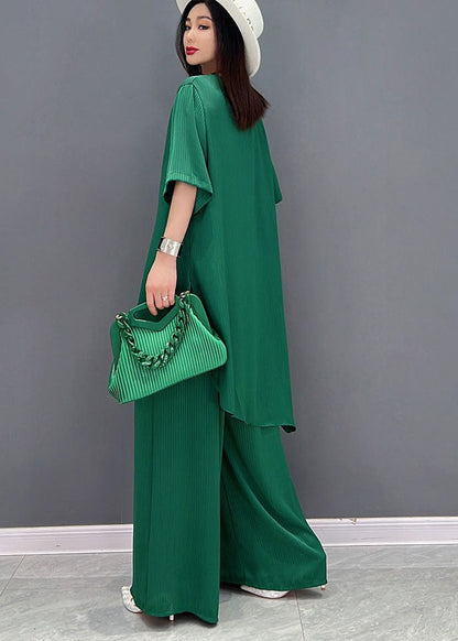 Green Patchwork Chiffon Tops and Wide Leg Pants Two Pieces Set V Neck Tie Waist Summer