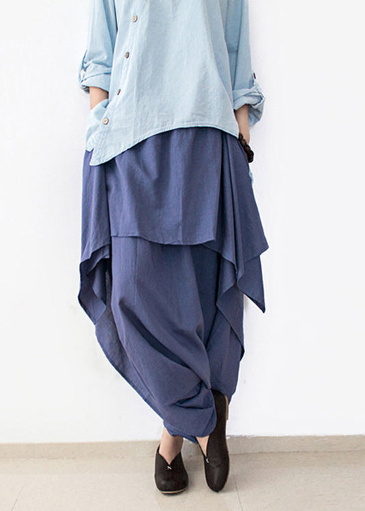 Diy Blue Asymmetrical Design Pockets Linen Pants Skirt Fall