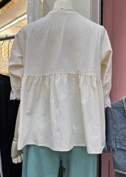 Loose Apricot Embroidered Button Patchwork Cotton Shirts Summer