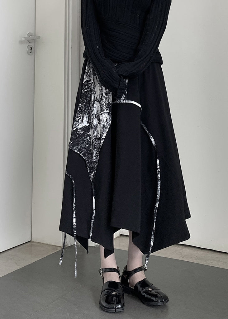 Black Asymmetrical Print Cotton a Line Skirt Spring
