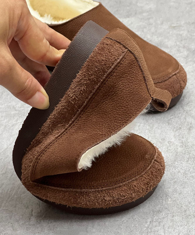 Chocolate Flats Cowhide Leather Fuzzy Wool Lined Flats