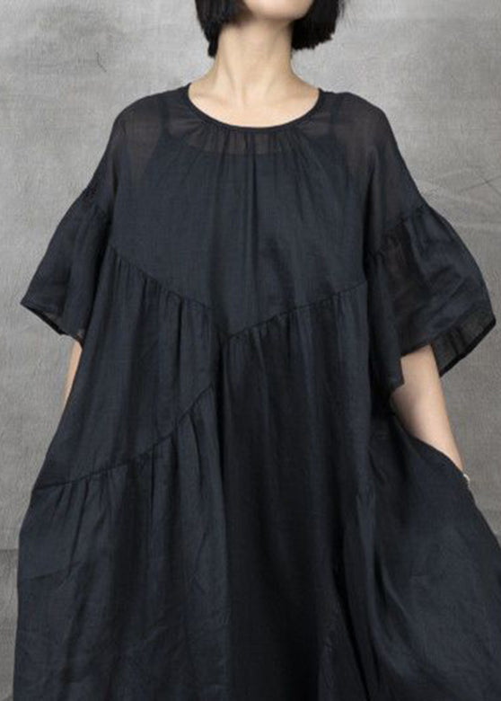 Black Wrinkled Patchwork Maxi Dress Short Sleeve