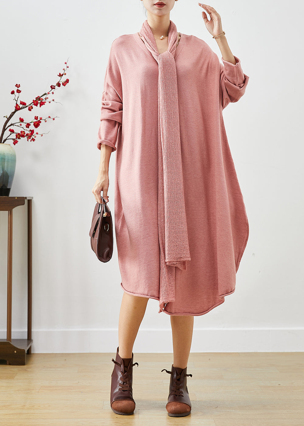 Pink Oversized Complimentary Scarf Knit Dress Batwing Sleeve Spring