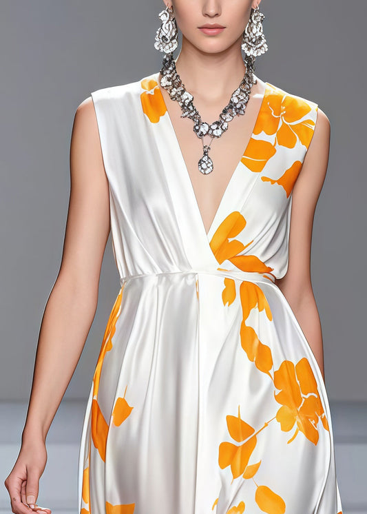 Classy White V Neck Print Silk Long Dress Sleeveless