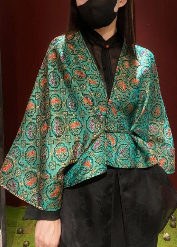 Green V Neck Print Patchwork Silk Two Pieces Set Fall