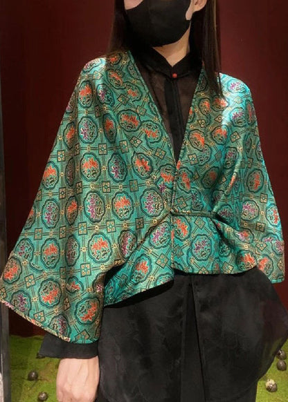 Green V Neck Print Patchwork Silk Two Pieces Set Fall