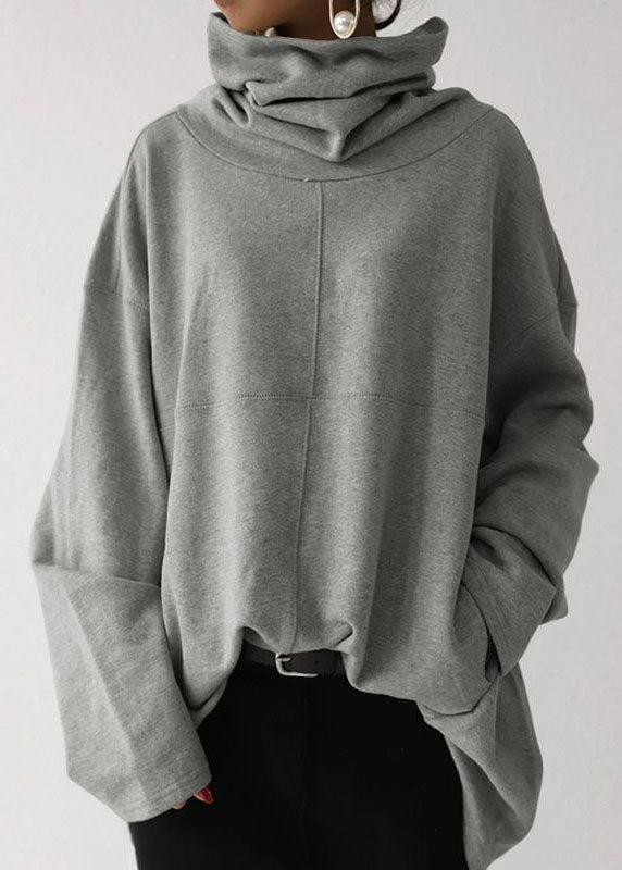 Loose Grey Hign Neck Patchwork Cotton Pullover Spring
